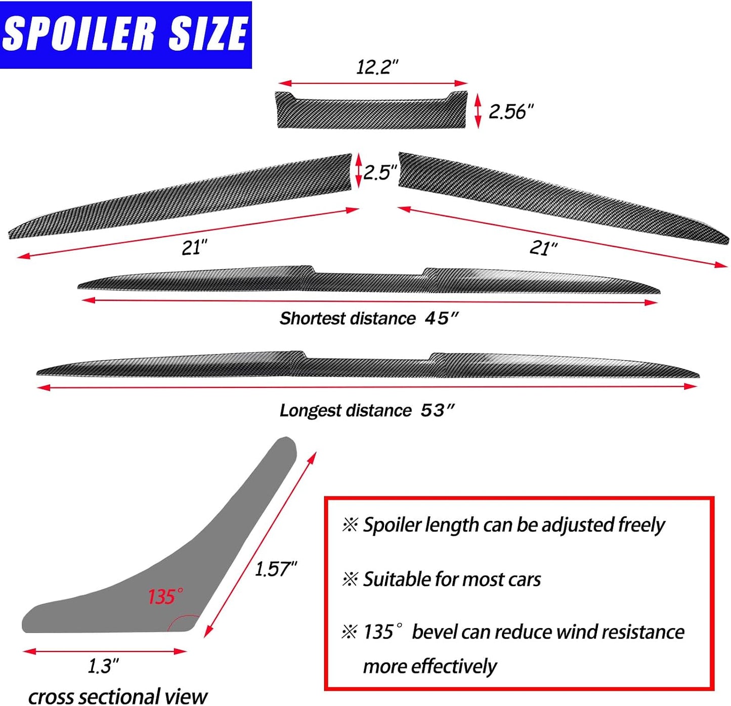 Universal Carbon Fiber Spoiler Wing for Rear Trunk and Roof - 45-53 Inches, Punch-Free Installation